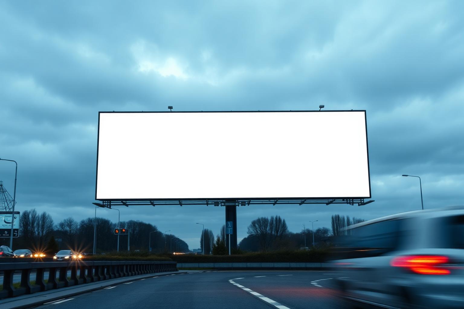 Blank 48-sheet roadside billboard beside a British dual carriageway at dusk