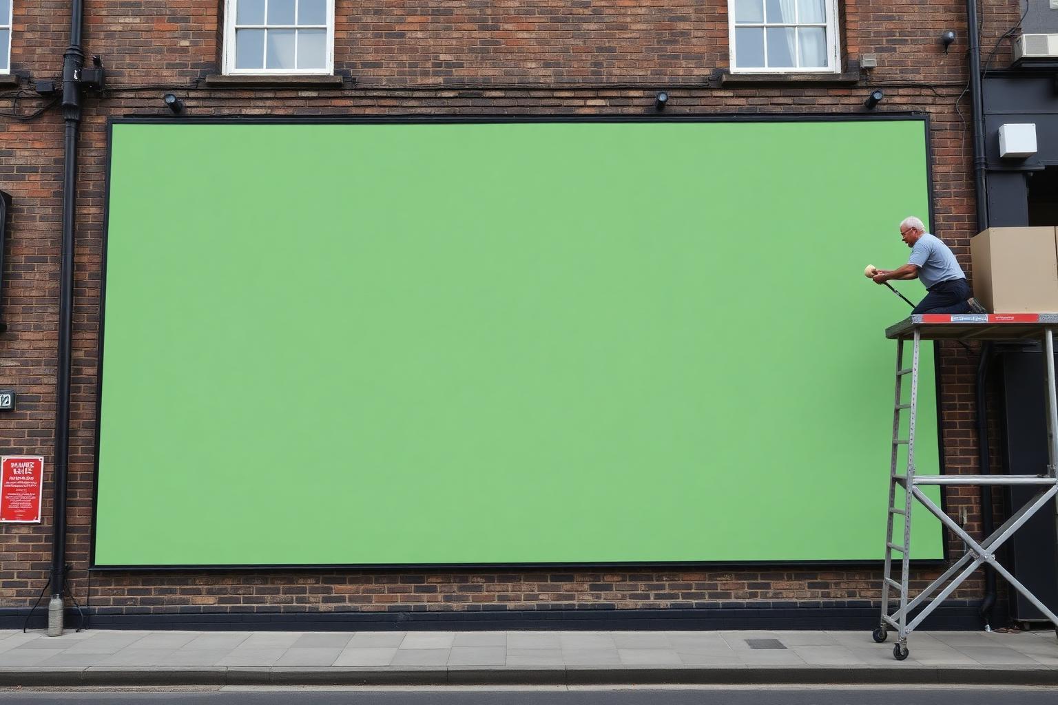 Hand-painted advertising wall on a London brick building with a sign painter on scaffolding