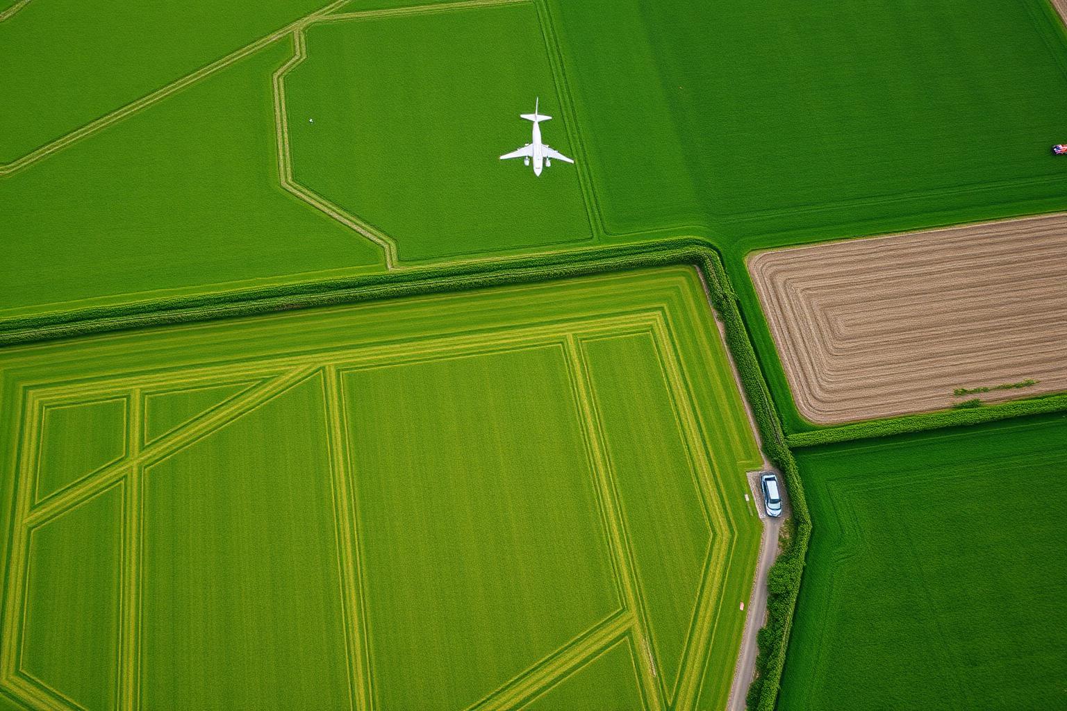 Aerial view of a countryside field mown with a giant pattern under a flight path