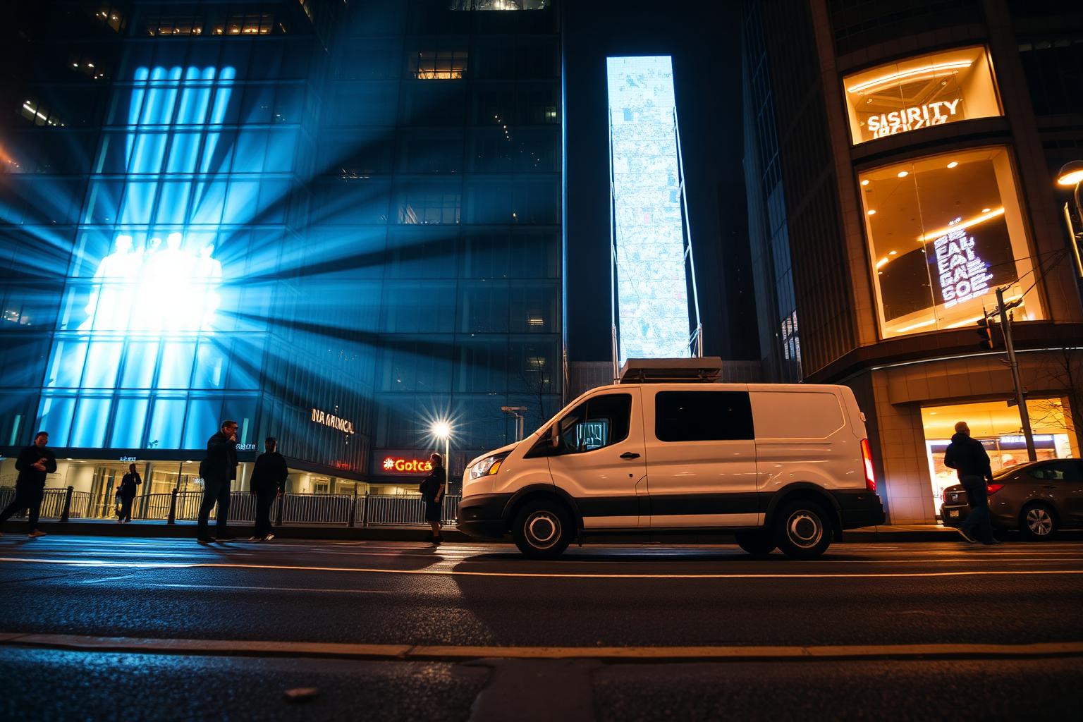 Projector van beaming light onto a corporate skyscraper at night