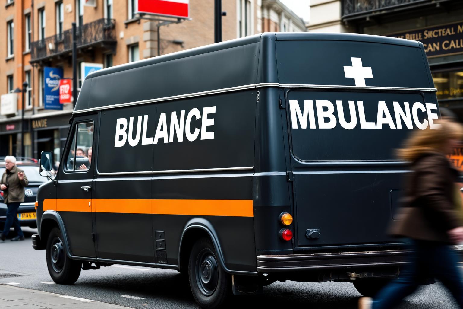 Matte black vintage 1970s British ambulance parked on a busy city street