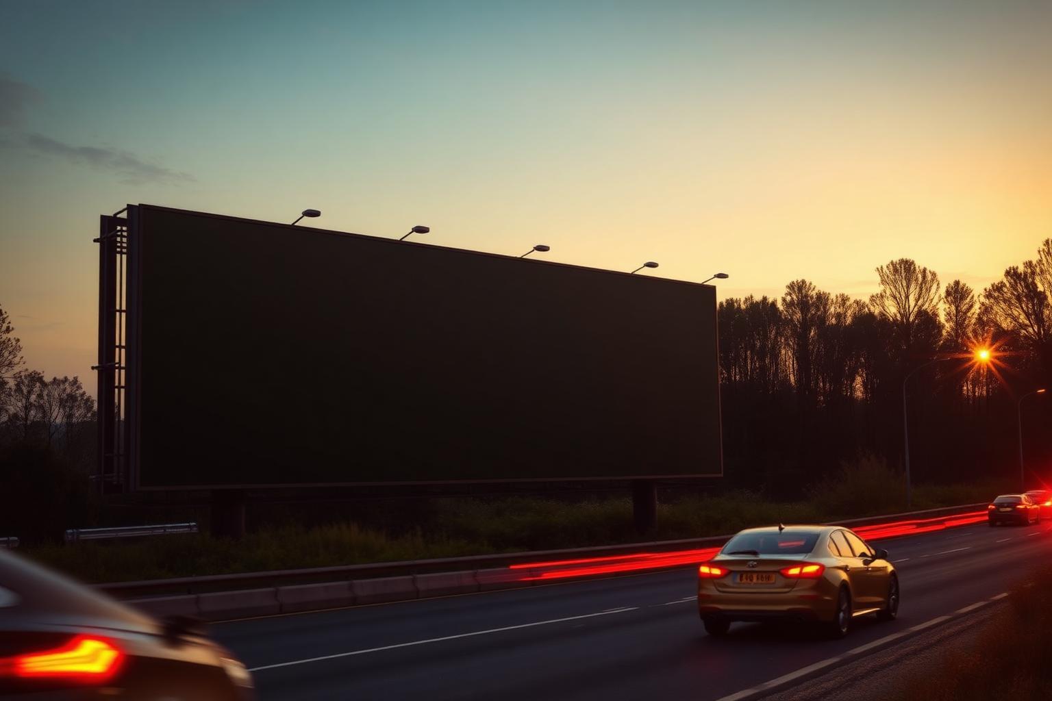 Roadside billboard beside a busy highway at dusk with plain dark facing