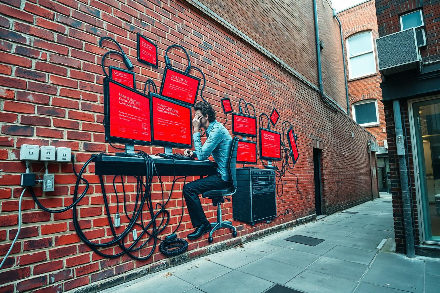 Photorealistic street mural of an office worker surrounded by red error screens with real cables on the brickwork