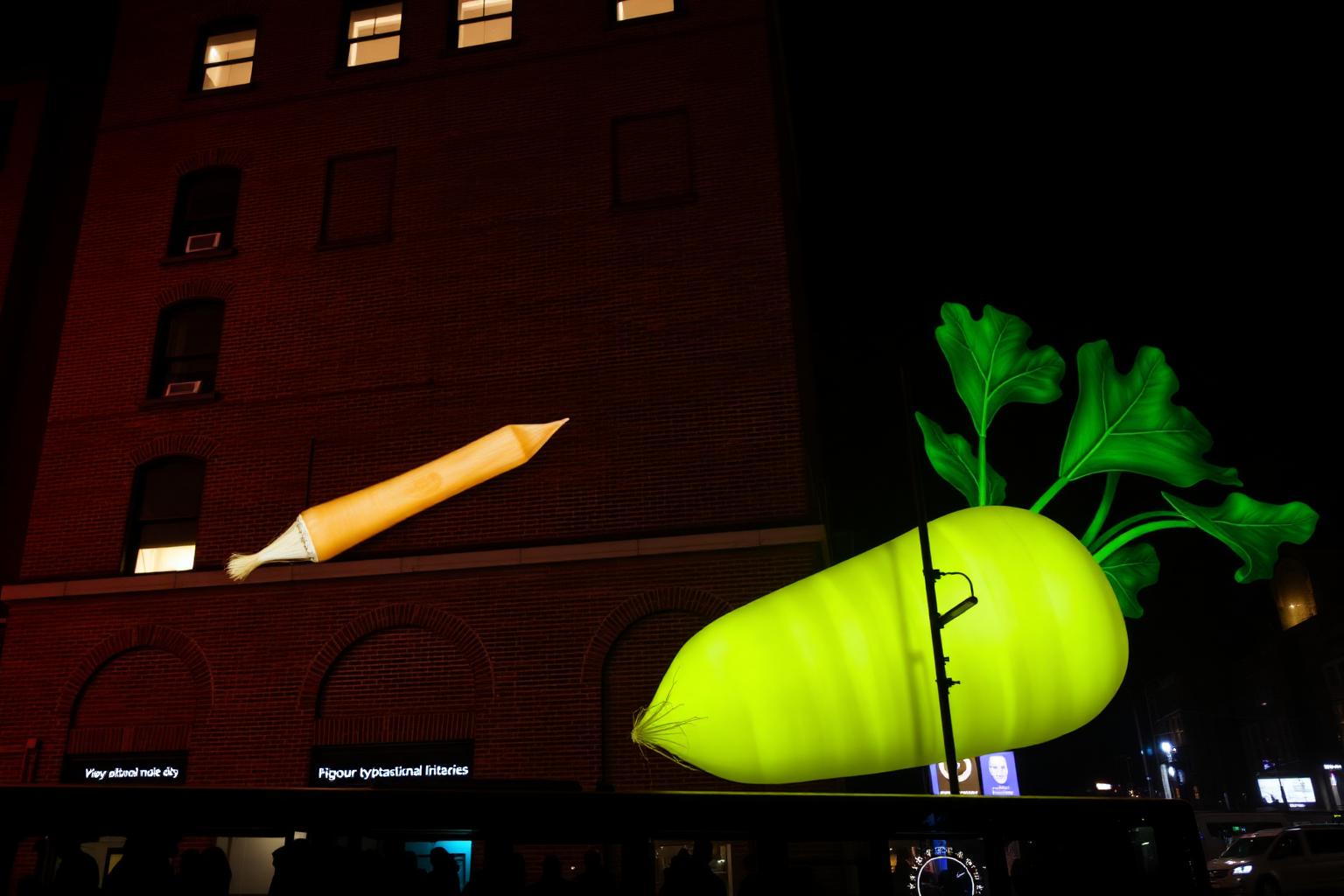 Giant glowing parsnip projected onto a London brick building at night