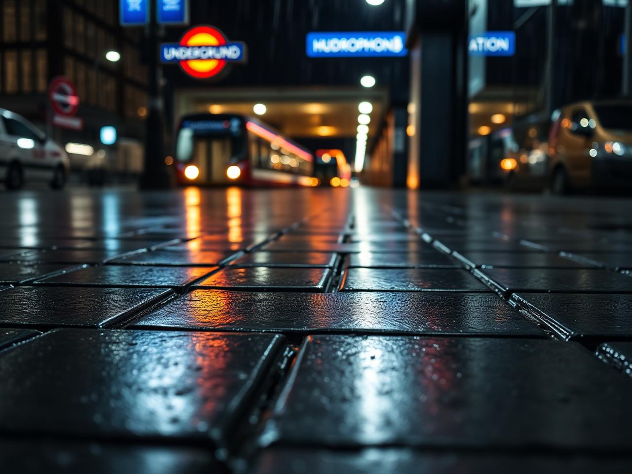 Wet London pavement outside an Underground station at night