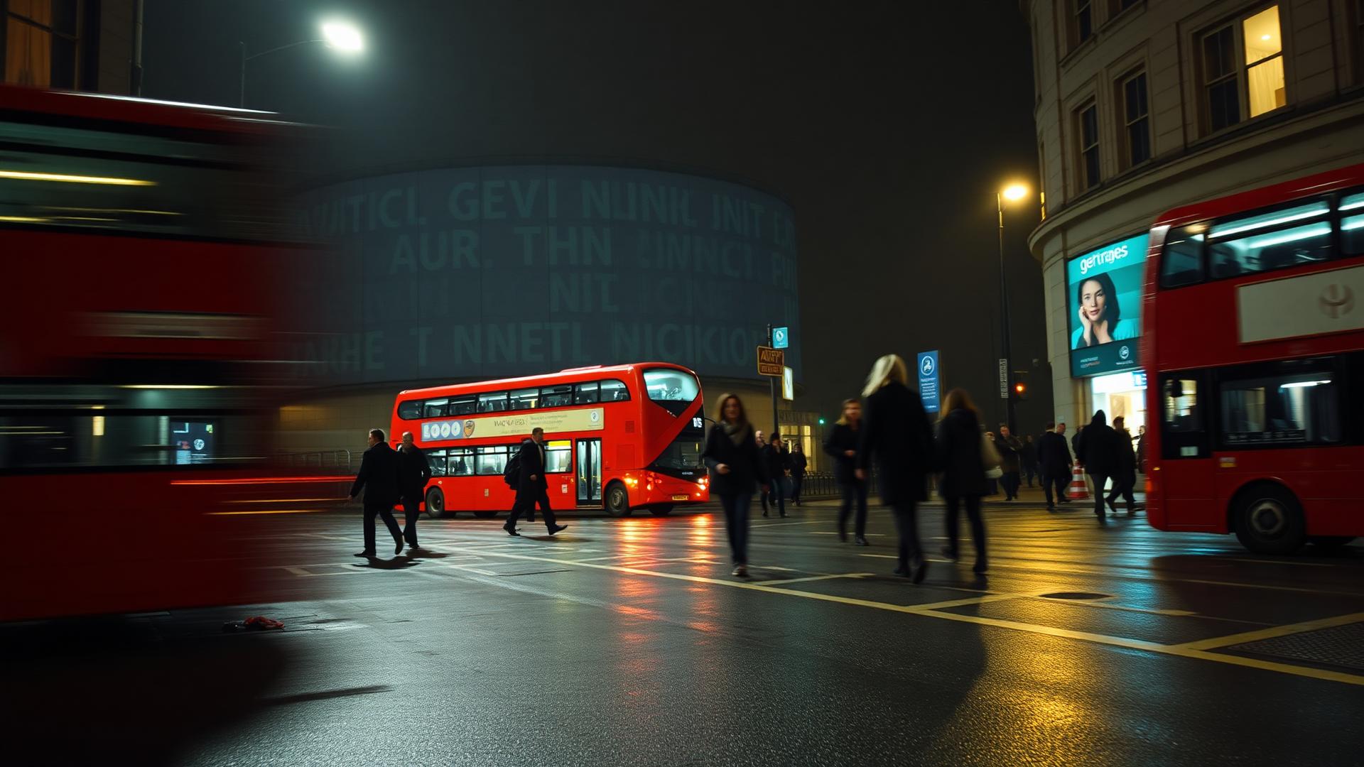 Street-level view of a co-branded campaign activation in central London at night